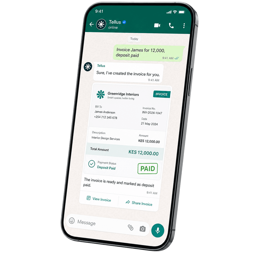 A WhatsApp conversation with the Tellus agent generating a professional invoice